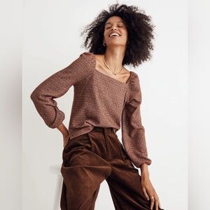 Madewell Jacquard Puff-Sleeve Cotton Blend Knit Dark Merlot Top